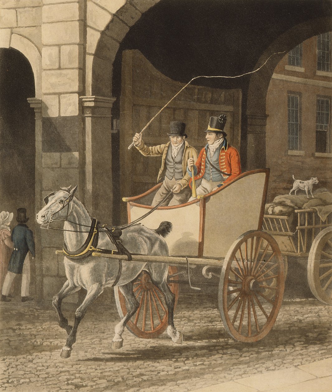 教练，或邮件卫队，由Matthew Dubourg（1786-1838）1825年雕刻（aquatint） 作者 雅克·洛朗（Jacques Laurent）