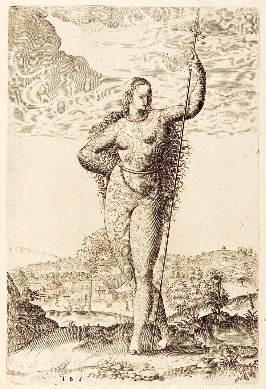 一个年轻的皮卡特女人，c1585（bw雕刻） 作者 雅克·勒·摩恩（Jacques Le Moyne）