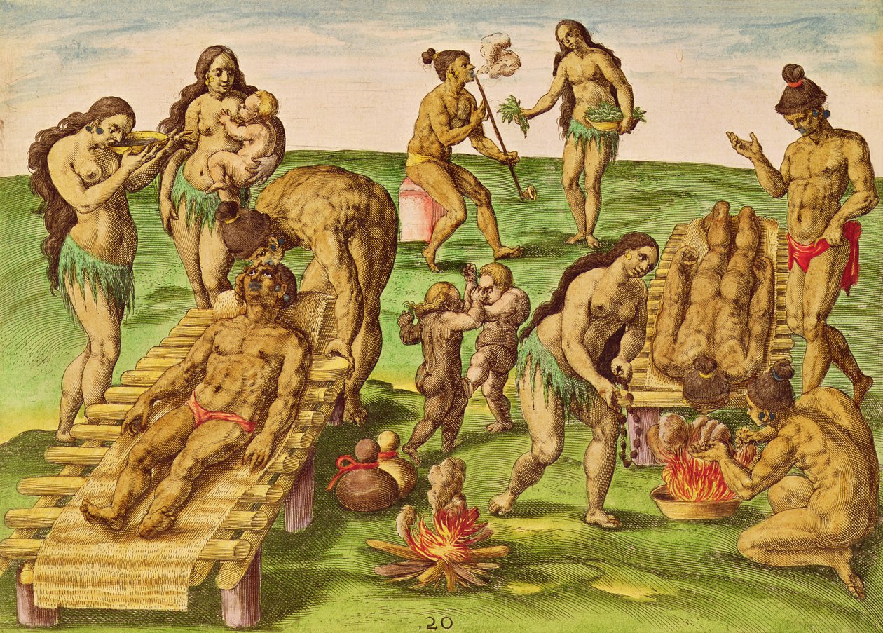 印第安人如何对待他们的生病，来自&39;Brevis Narratio ..&39;，由Theodore de Bry（1528-98）刻在1591年法兰克福出版 作者 雅克·勒·摩恩（Jacques Le Moyne）