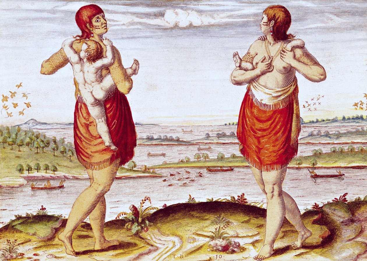 Dasamonquepeuc的女人如何携带他们的孩子，来自&39;Admiranda Narratio ..&39;，由Theodore de Bry（1528-88）1585-88刻 作者 雅克·勒·摩恩（Jacques Le Moyne）