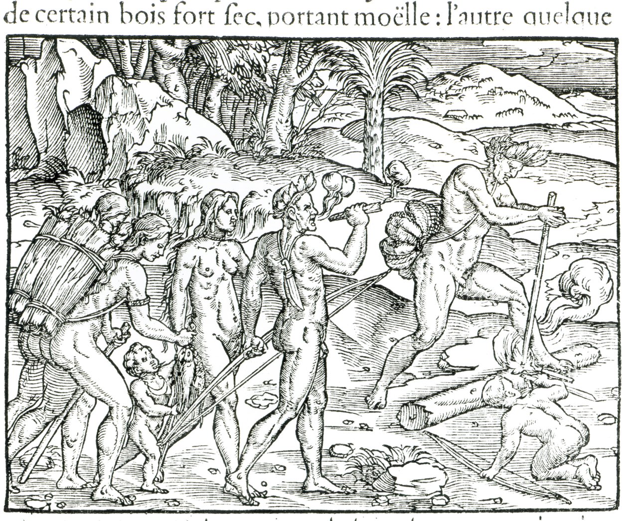 印第安原住民在狩猎后制造火焰，由Theodor de Bry雕刻（1525-75） 作者 雅克·勒·摩恩（Jacques Le Moyne）