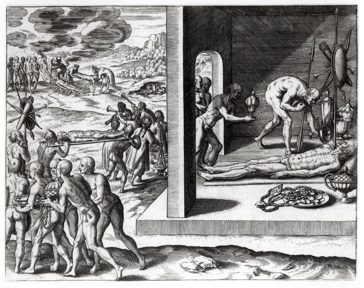 来自&39;Americae&39;的印度葬礼仪式，由Theodor de Bry（1525-75）编写和雕刻，1602 作者 雅克·勒·摩恩（Jacques Le Moyne）