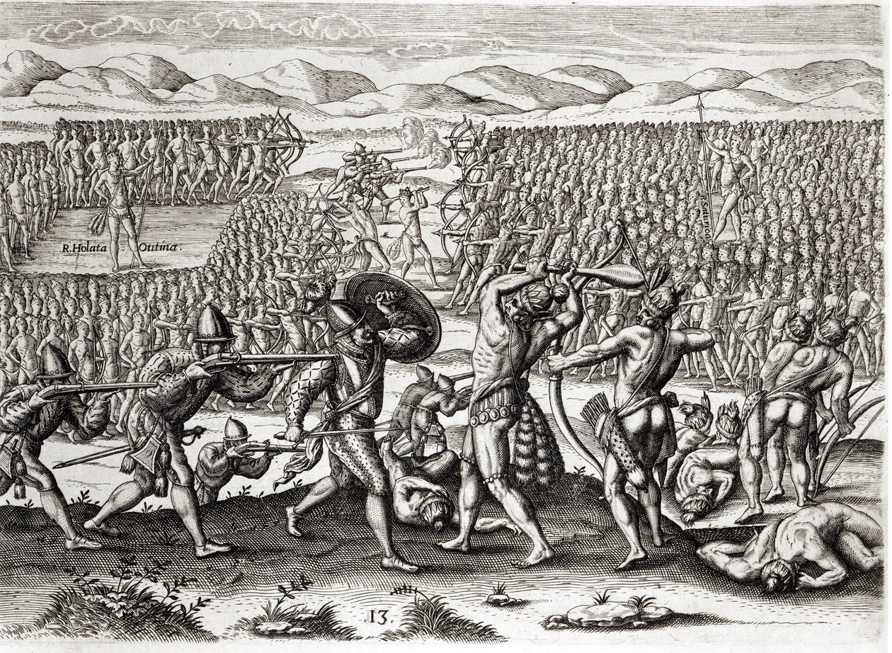 Outina在1564年佛罗里达法国的帮助下击败Patanou，来自Theodore de Bry（1528-98）1591刻的&39;Brevis Narratio&39;（另见223425和173458） 作者 雅克·勒·摩恩（Jacques Le Moyne）