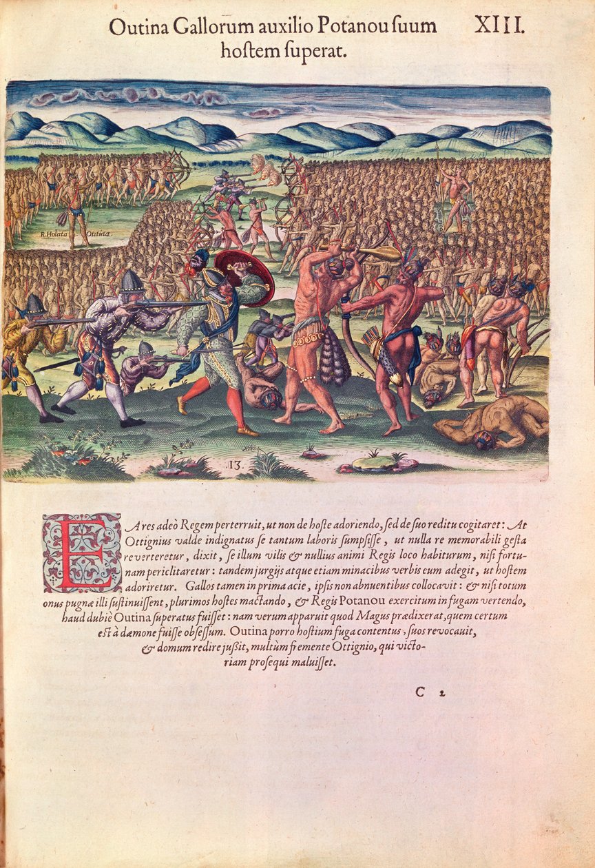 法国帮助印第安人参加战斗，来自&39;Brevis Narratio ..&39;，由Theodore de Bry（1528-98）刻在法兰克福，1591年（另见111679） 作者 雅克·勒·摩恩（Jacques Le Moyne）