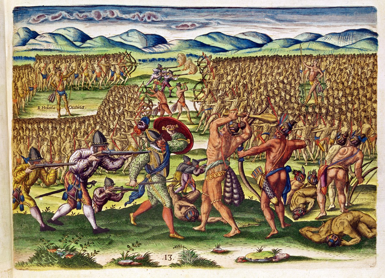 法国帮助印第安人参加战斗，来自&39;Brevis Narratio ..&39;，由Theodore de Bry（1528-98）刻在法兰克福，1591年（另见173458和111679） 作者 雅克·勒·摩恩（Jacques Le Moyne）