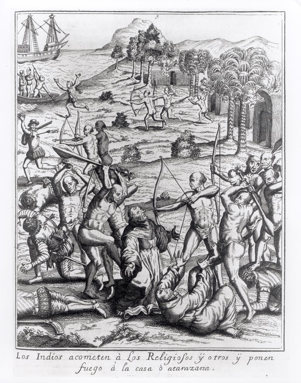 印第安人袭击祭司和其他人并焚烧他们的房屋，雕刻自&39;Americae&39;，由Theodor de Bry（1528-98）编写和雕刻 作者 雅克·勒·摩恩（Jacques Le Moyne）