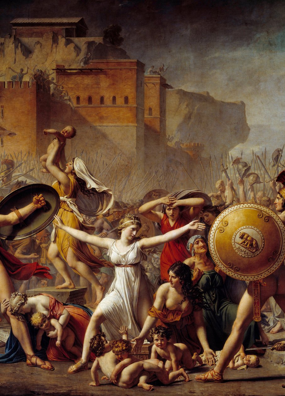 Tsatanetsatane: "" Sabine "" ”pakati pa amuna awo achiroma (kumanja) ndi abale awo a Sabins (kumanzere) akuwawonetsa ana awo - Chithunzi chojambulidwa ndi Jacques-Louis (Jacques Louis) David (1748-1825) 作者 雅克·路易·大卫