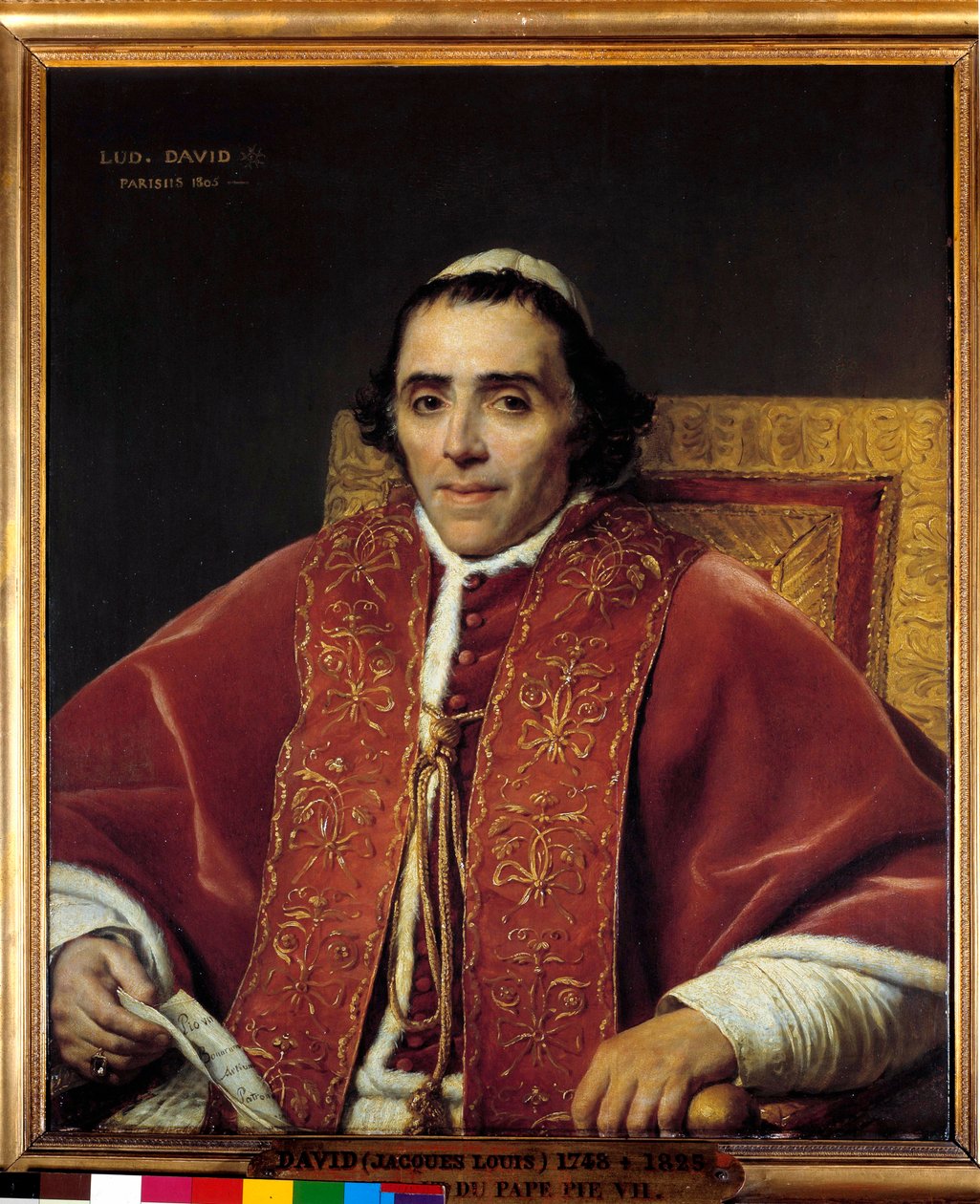 教皇庇护七世 (Gregoire Chiaramonti) 的半身肖像，教皇于 1800 年 (1742-1823) 绘画 Jacques Louis David (1748-1825) 19 世纪太阳。 0,91x0,85 米。 - 1800 年（1742-1823 年）教皇庇护七世 (Gregoire Chiaramonti) 的半身画像。 绘画 作者 雅克·路易·大卫