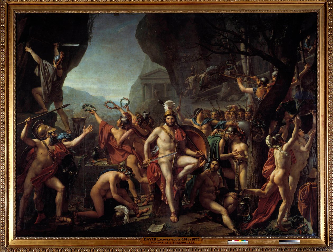 Leonidas to Thermopyls 公元前 480 年 Thermopyls 之战的情节，反对希腊人对抗波斯人薛西斯一世，斯巴达国王列奥尼达一世抱着双臂，坐在岩石上，靠近赫拉克勒斯的祭坛，后面是一支军队 的斯巴达人前进到 t 作者 雅克·路易·大卫