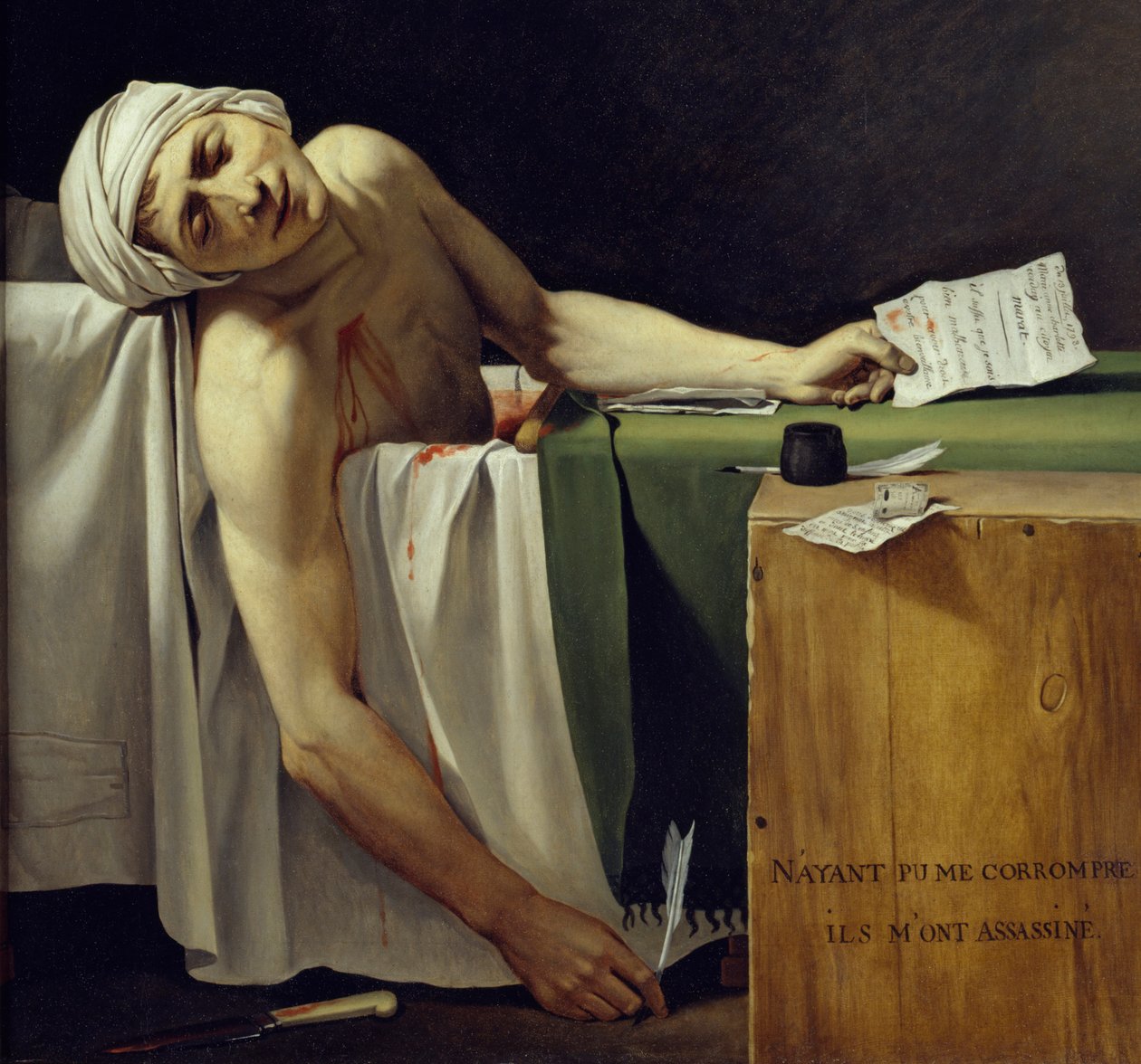 马拉之死（John Paul Marat (1743-1793) 被谋杀）。 细节。 雅克·路易斯·大卫 (1748 - 1825) 的画作。 1793 太阳。 1,62x1,3 m。 巴黎卢浮宫博物馆 作者 雅克·路易·大卫