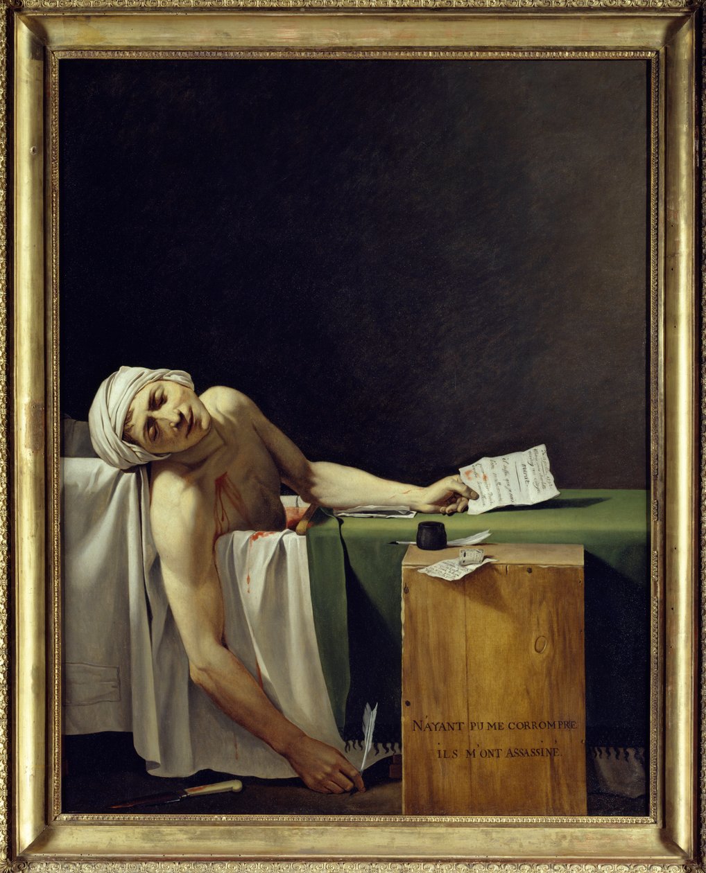 马拉之死（John Paul Marat (1743-1793) 被谋杀）。 雅克·路易斯·大卫 (1748 - 1825) 的画作。 1793 太阳。 1,62x1,3 m。 巴黎卢浮宫博物馆 作者 雅克·路易·大卫