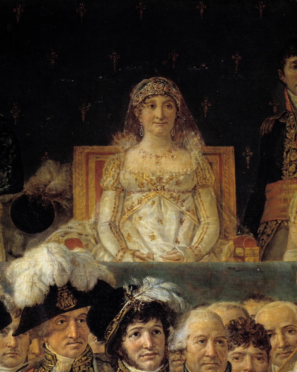 拿破仑的仪式。 详细描绘了 Laetitia Bonaparte (Letizia Maria Ramolino)（1750-1836 年），拿破仑一世的母亲在拿破仑一世波拿巴皇帝的神圣和约瑟芬帝国于 1804 年 12 月 2 日在巴黎圣母院加冕。绘画 b 作者 雅克·路易·大卫