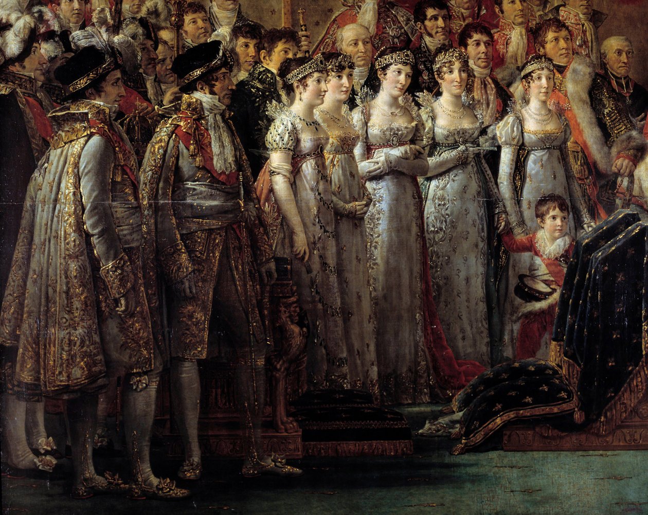 拿破仑的仪式。 12 月 2 日在巴黎圣母院举行的拿破仑一世·波拿巴 (Napoleon I Bonaparte) 圣礼和约瑟芬 (Imperatrice Josephine) 加冕典礼期间，皇帝兄弟姐妹的细节 作者 雅克·路易·大卫