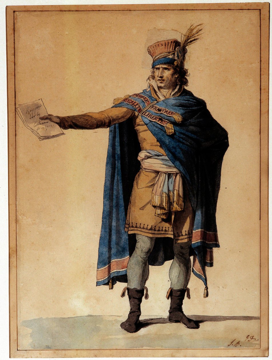 在职人民的代表人物体现了法国大革命期间正义和公共秩序的人。 Jacques Louis David (1748-1825) 的水彩画，1789 年巴黎，卡纳瓦莱博物馆 作者 雅克·路易·大卫