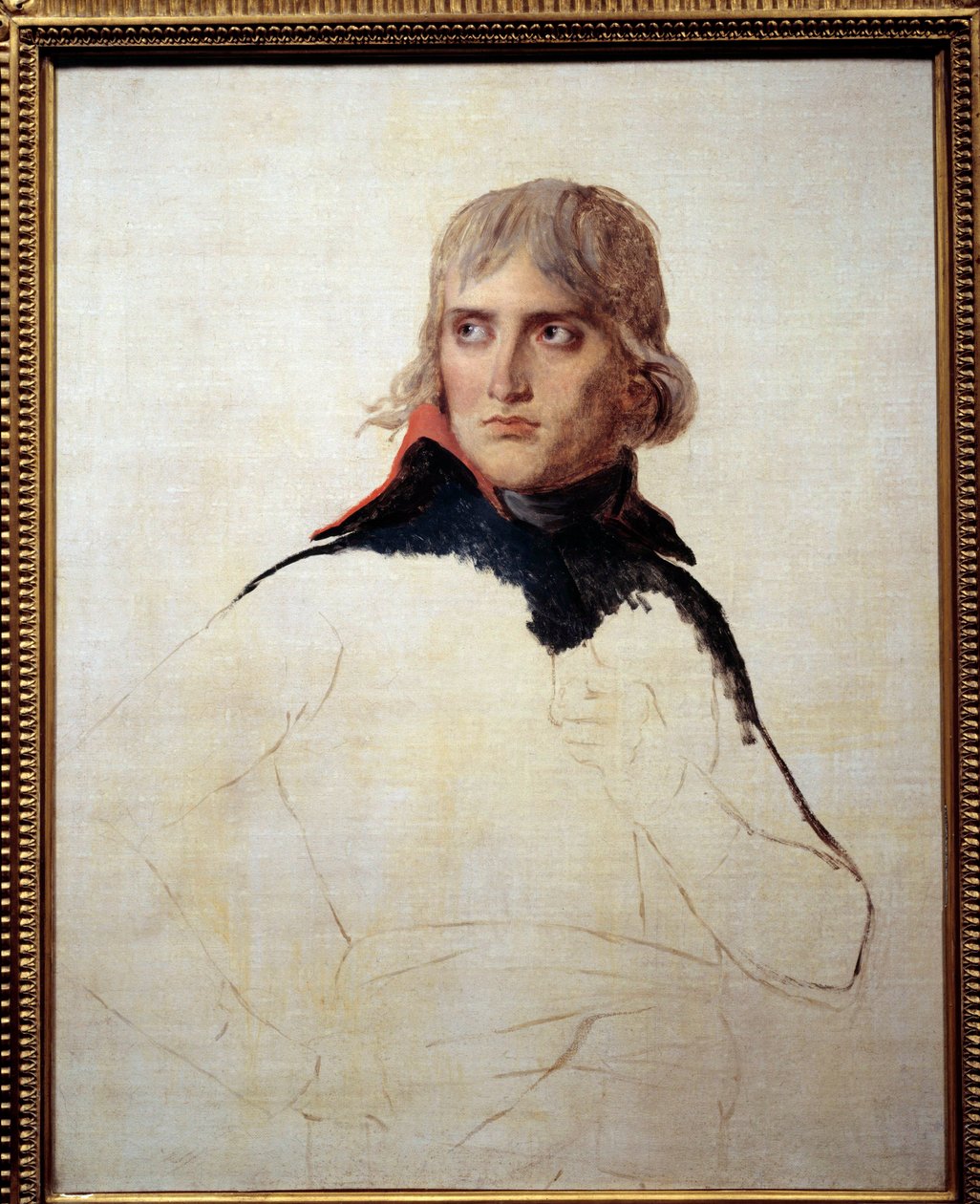 未完成的拿破仑·波拿巴（1769-1821）肖像画，路易斯·大卫（Louis David，1748-1825）在 1798 年左右的一般绘画中。昏暗。 0,81x0,65 米。 作者 雅克·路易·大卫