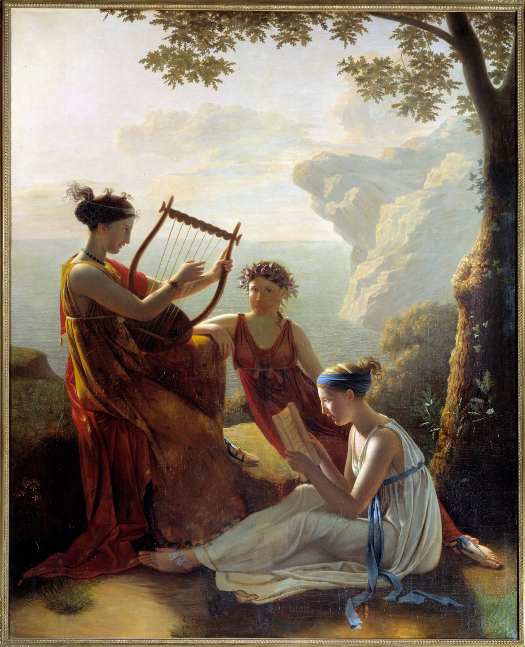 希腊诗人萨福（Sapho）弹琴和她的两个同伴 雅克-路易斯-格兰丁（1780-？ 1808 年绘制 巴黎，马尔莫坦博物馆 作者 雅克·路易斯·米歇尔·格兰丁