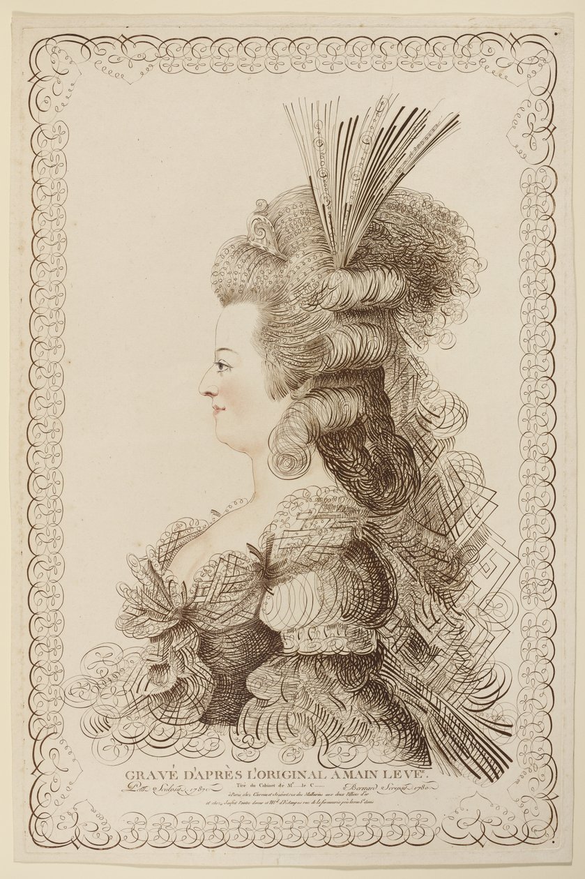 1787年Marie Antoinette的书法肖像（蚀刻和雕刻） 作者 雅克·路易斯·佩蒂特