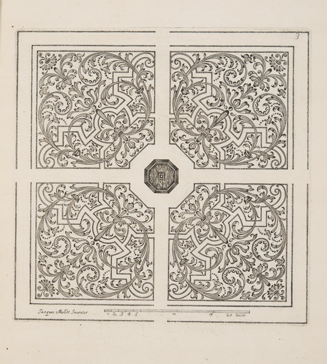 花坛设计，来自 Theatre des Plans et Jardinages，pub. 1652（雕刻） 作者 雅克·莫莱特