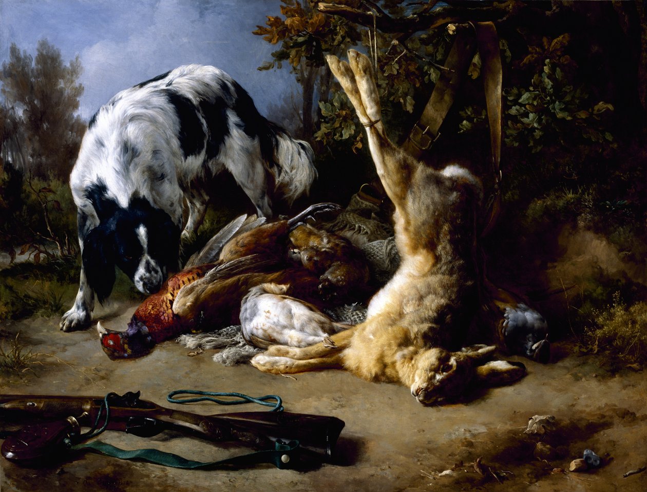 西班牙猎狗与死亡游戏的静物，1837年 作者 雅克·雷蒙·布拉斯卡萨