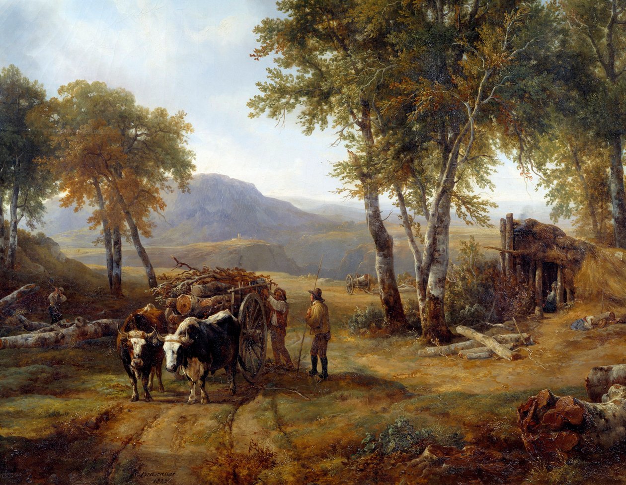 细节森林中的伐木者。 Raymond Brascassat (1804-1867) 的绘画，1832 年南特，美术博物馆 作者 雅克·雷蒙·布拉斯卡萨