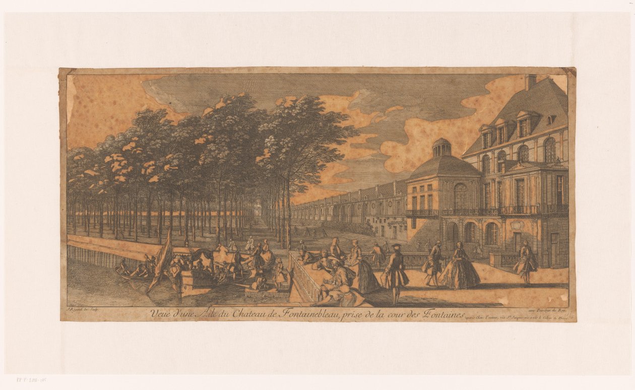 Gezicht op een laan bij de Cour de la Fontaine van kasteel Fontainebleau（枫丹白露城堡枫丹阁侧翼景观
从枫丹白露庭院拍摄的枫丹白露城堡侧翼景观（标题见实物） 作者 雅克·里格（Jacques Rigaud）