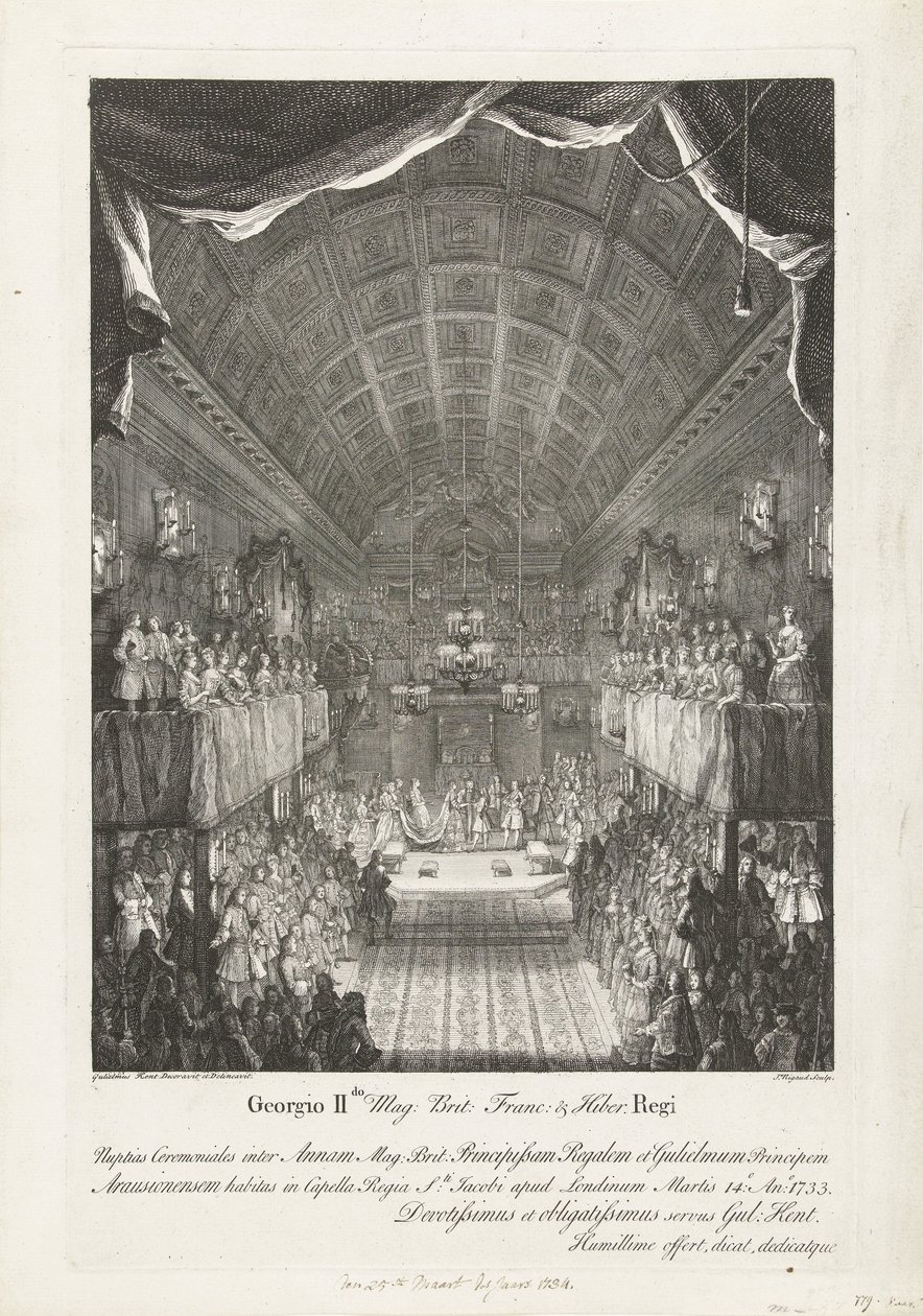 威廉四世与安娜公主的婚礼，1734 年
Georgio IIdo Mag: Brit: Franc:  Hiber. regi Nuptias Ceremoniales inter Annam (...) et Gulielmum (...) Martis 14o: Ano: 1733 (...) （标题在实物上） 作者 雅克·里格（Jacques Rigaud）
