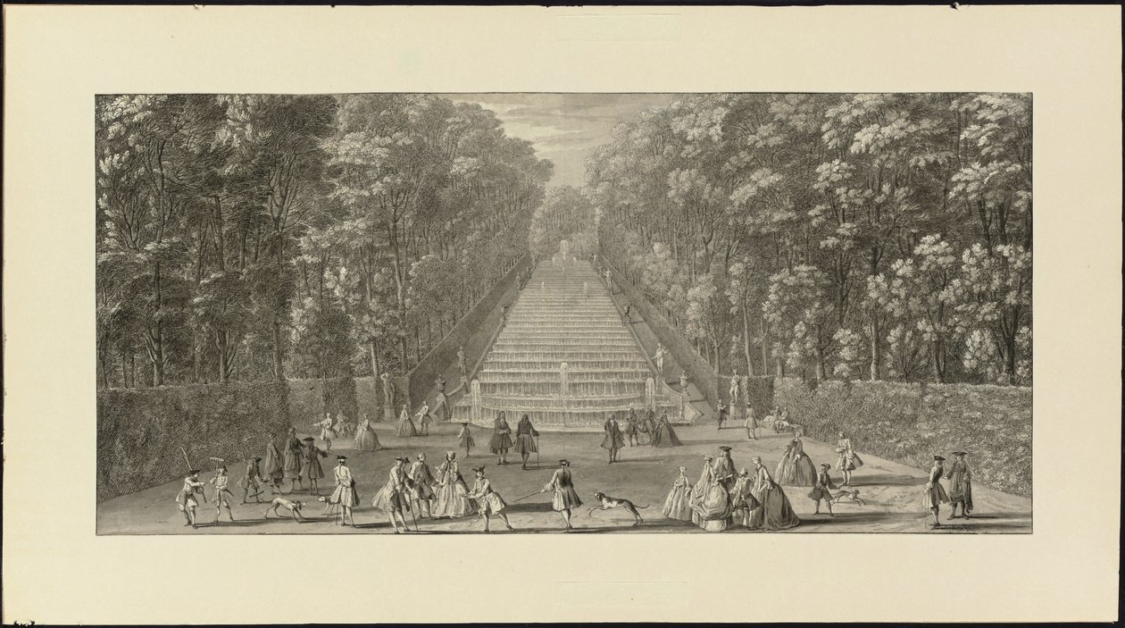 Vue de la Grande Cascade dans les jardins de Marly（黑色粉笔、钢笔和黑色墨水、灰色水洗） 作者 雅克·里格（Jacques Rigaud）