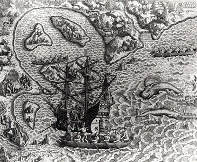 Johannes Staden来到一个不知名的岛屿，发现葡萄牙人已经在那里，来自Americae，1593年，由Theodor de Bry（1528-98）编写和雕刻 作者 雅克（Leacyne）死后的d.158788