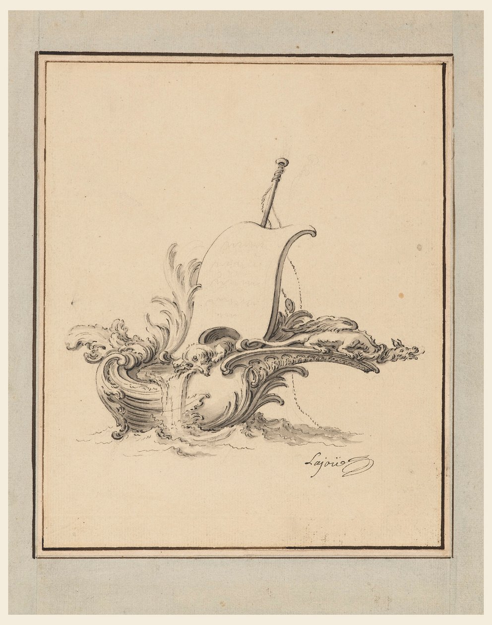 图纸，带帆小船形状的护额设计，为《新异刻图汇编》绘制，1734 年 作者 雅克·德·拉约