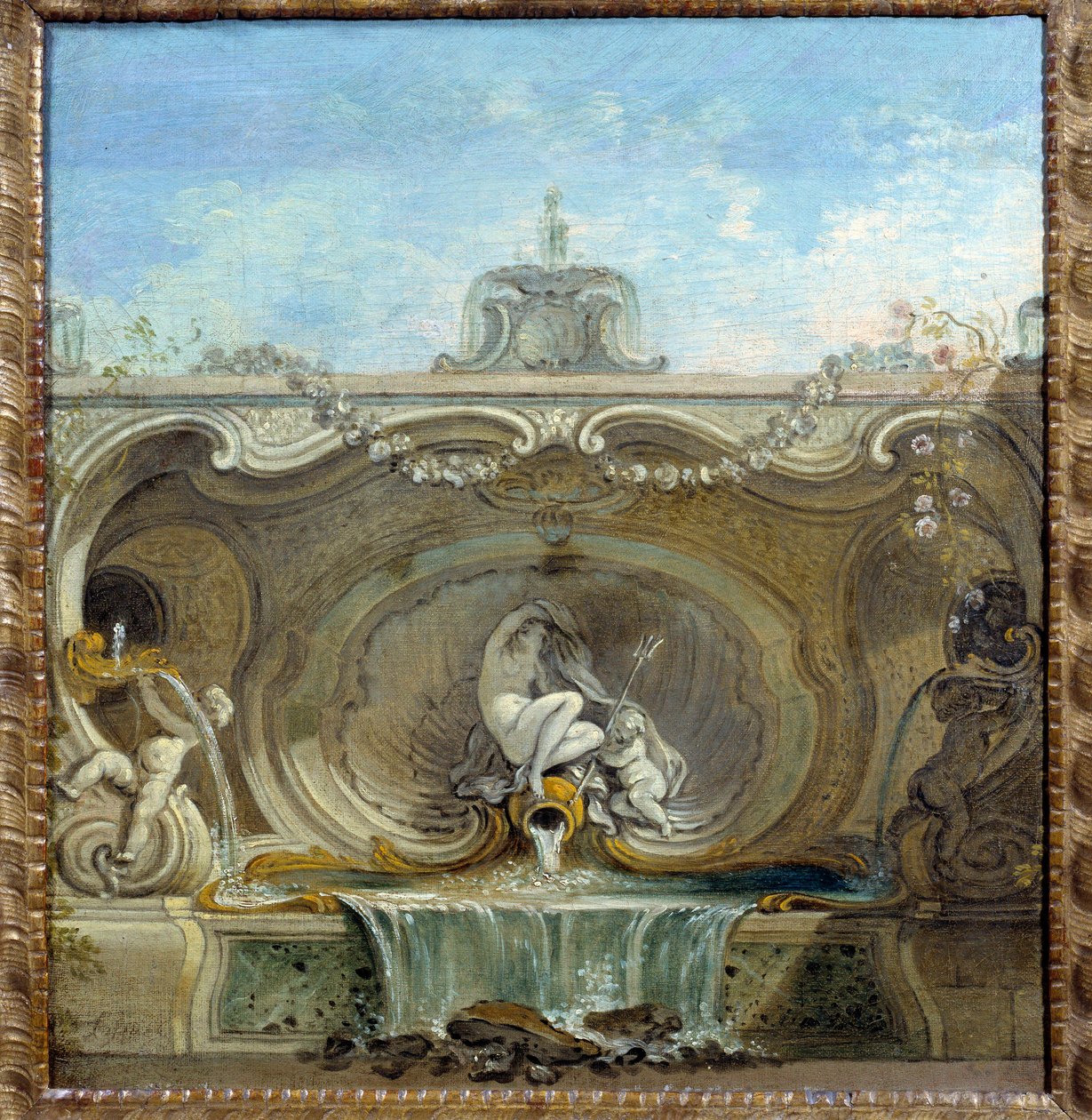 喷泉花园。 Jacques De Lajoue (1686 - 1761) 的绘画 作者 雅克·德·拉约