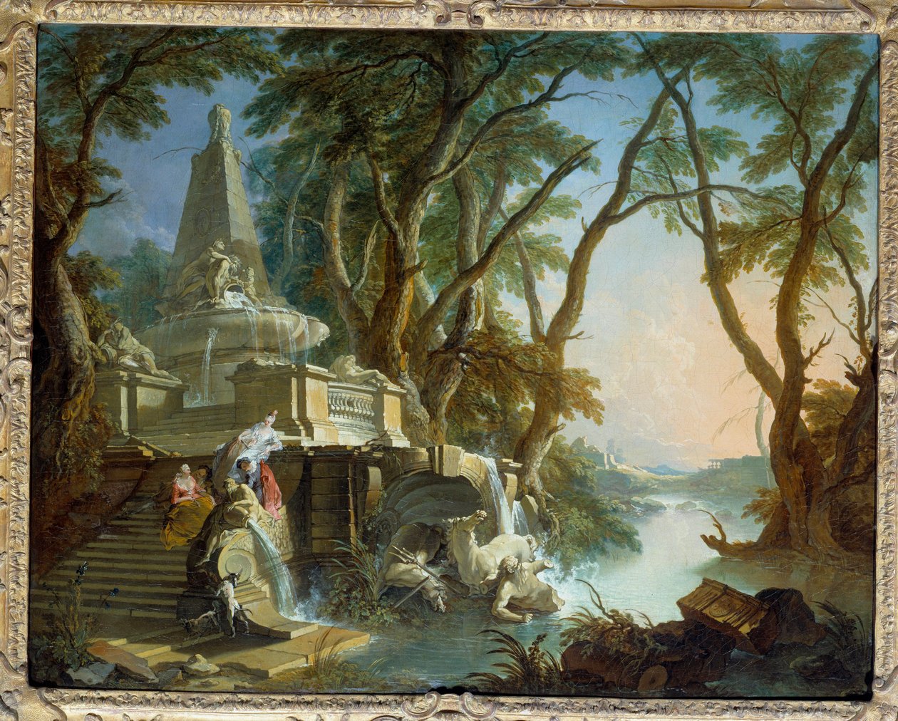 景观由“河流”组成，金字塔喷泉与海王星雕像破碎。 由 Jacques de La Joue (1686-1761) 绘制的 18 世纪太阳。 0,81 x 1,01 米 作者 雅克·德·拉约