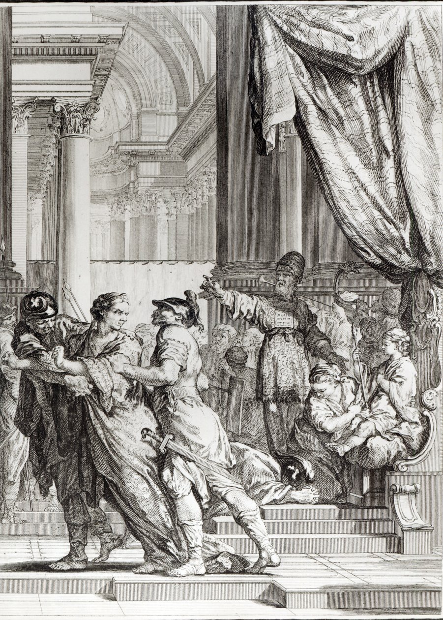 耶路撒冷大祭司耶何耶大宣布约阿施王子为犹大王，由Jean-Jacques Flipart（1719-82）刻上Jean Racine（1639-99）的“Athalie” 作者 雅克·塞弗