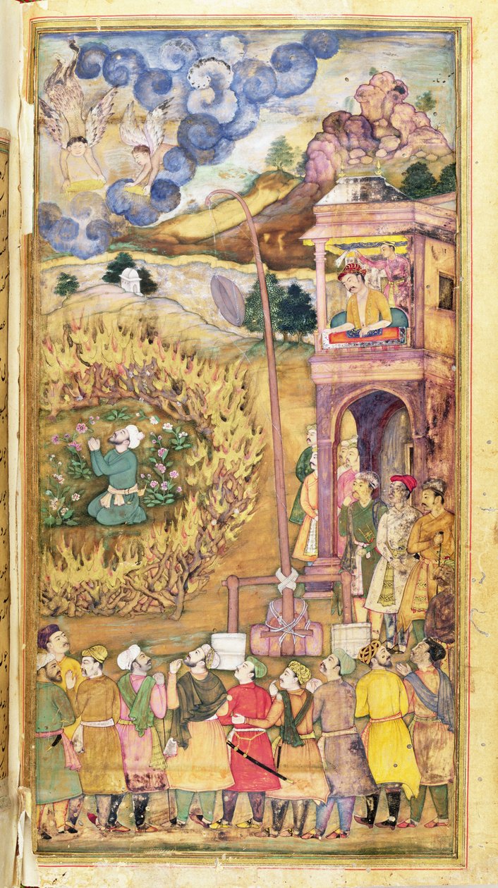 Ibrahim Khalil在一个炽热原木圈内祈祷，来自Hadiqat Al-Haqiqat（真理花园），Hakim Sana&39;i，第五缩影，对开页208v，莫卧儿，1599-1600（纸和笔墨水） 作者 贾加纳特