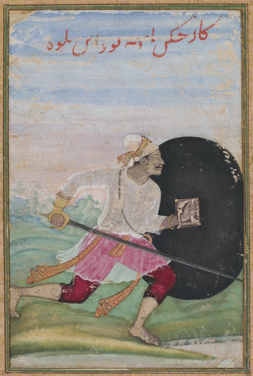 运行剑客，莫卧儿王朝，c.1600（不透明的wc，黄金和墨水在纸上） 作者 