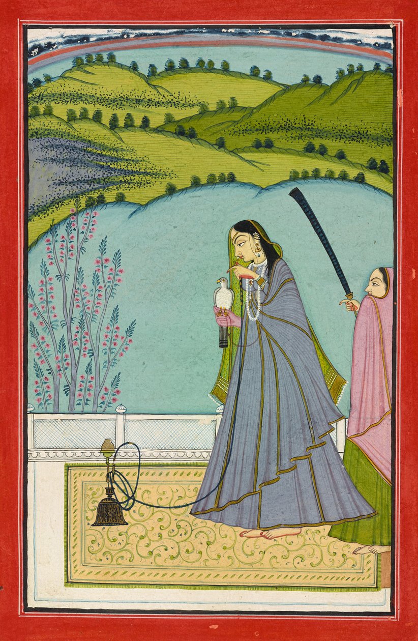 露台上的女士，手持水烟袋和猎鹰，约 1760 年（纸面不透明水彩和金色） 作者 贾马尔·哈尔