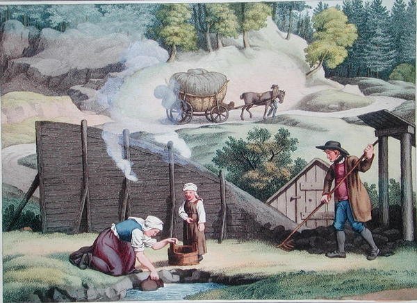 在奥地利制作木炭，插图来自亚历山大-德-拉博德（Alexandre de Laborde）的 "Autriche Pittoresque之旅"，1821年在巴黎出版（彩色版画）。 作者 雅各布（后）高尔曼