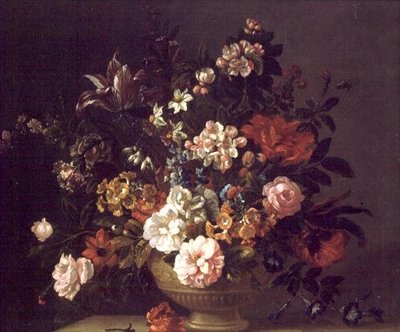 玫瑰花、郁金香和其他鲜花放在一个斜坡上的瓮中 作者 雅各布博格达尼或博格达尼