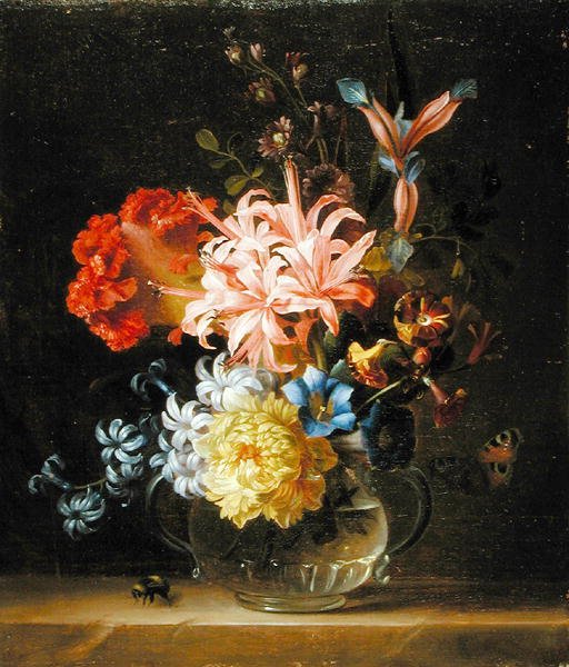 玻璃花瓶中的静物，以及一只大黄蜂和一只蝴蝶（布面油画） 作者 雅各布博格达尼或博格达尼