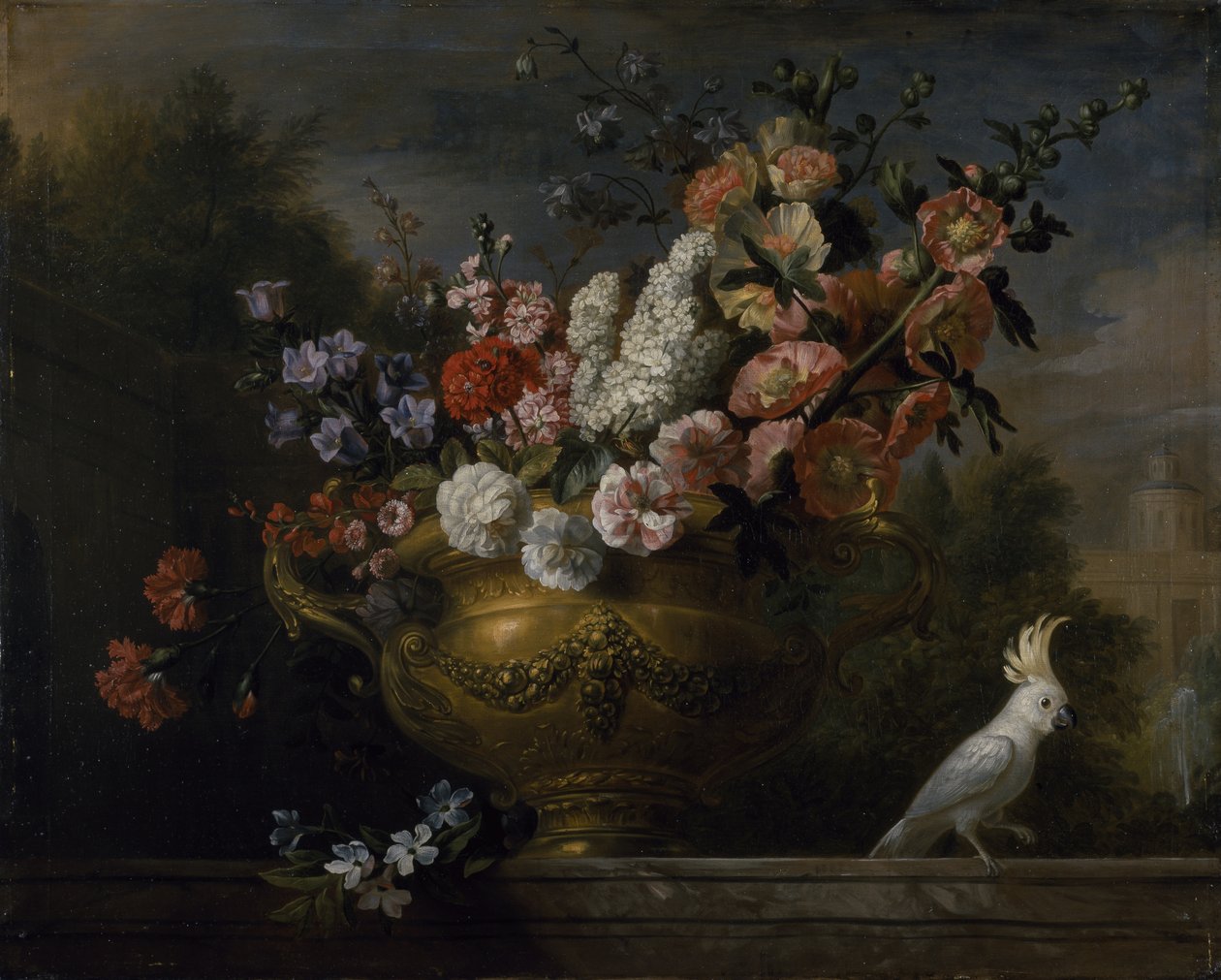静物，花在瓮中，有鹦鹉，在壁架上，约 1699 年（布面油画） 作者 雅各布博格达尼或博格达尼