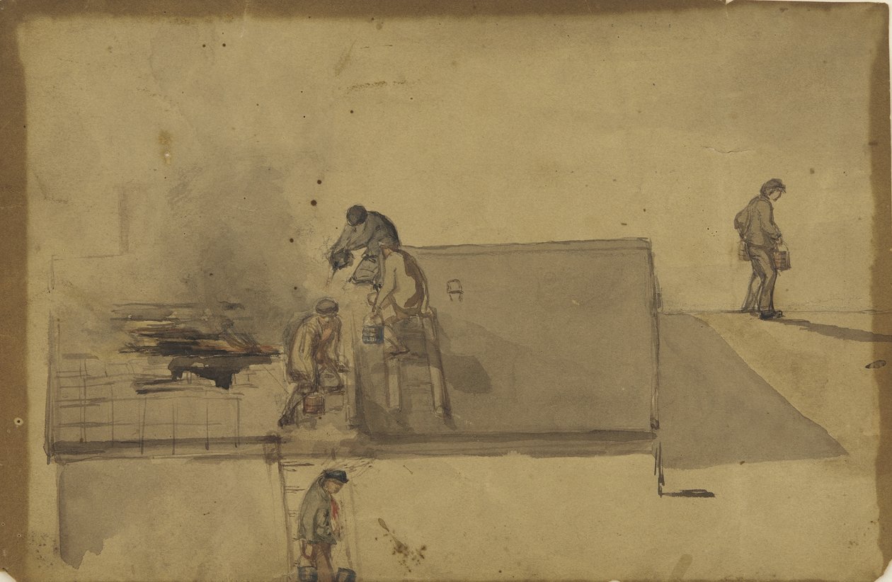 Pomfret火灾，公元1858年（棕色纸上的wc） 作者 詹姆斯·阿博特·麦克尼尔·惠斯勒
