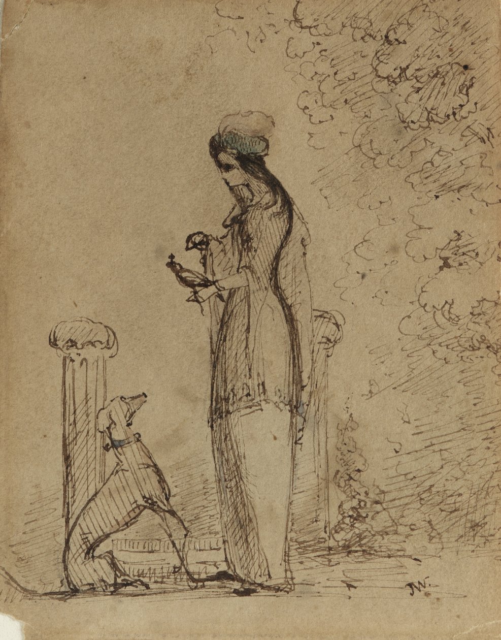 有狗和鸟的女人，c.1850-51（浅棕色纸笔和墨水） 作者 詹姆斯·阿博特·麦克尼尔·惠斯勒