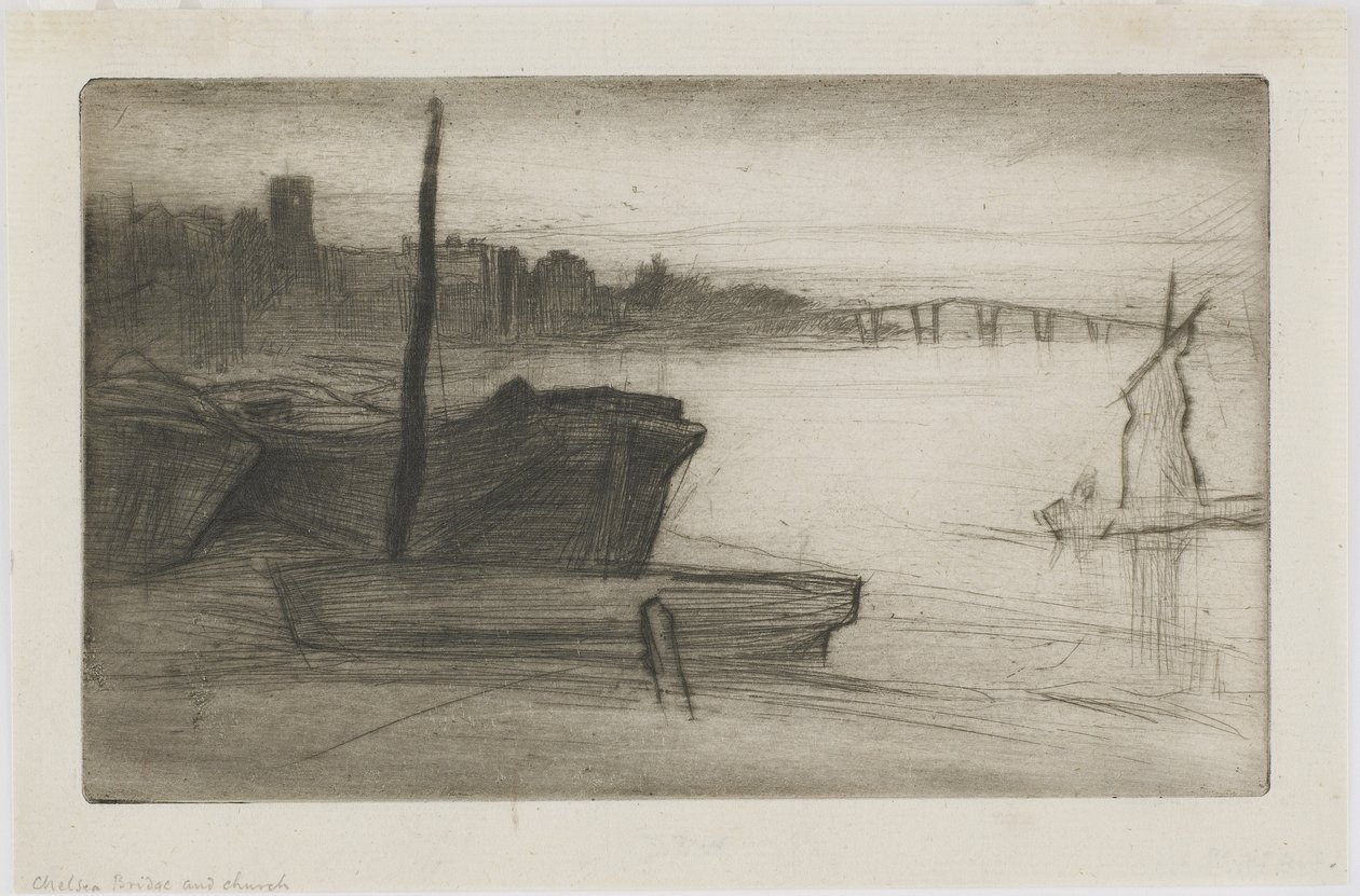 切尔西桥和教堂，1870  -  71年（纸上干点） 作者 詹姆斯·阿博特·麦克尼尔·惠斯勒