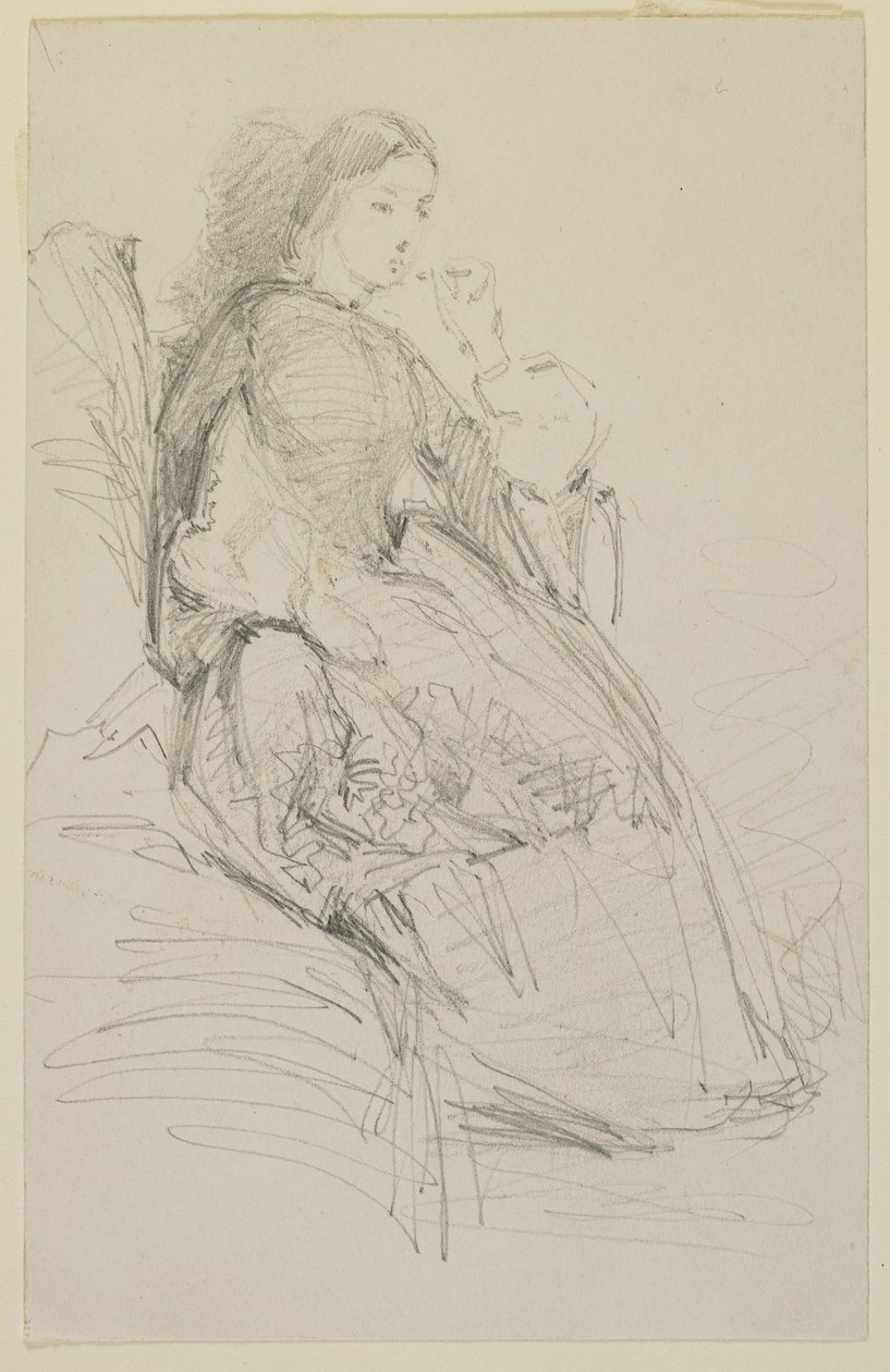 坐着的女人，吸烟，1858-59（铅笔在灰白色的纸上） 作者 詹姆斯·阿博特·麦克尼尔·惠斯勒