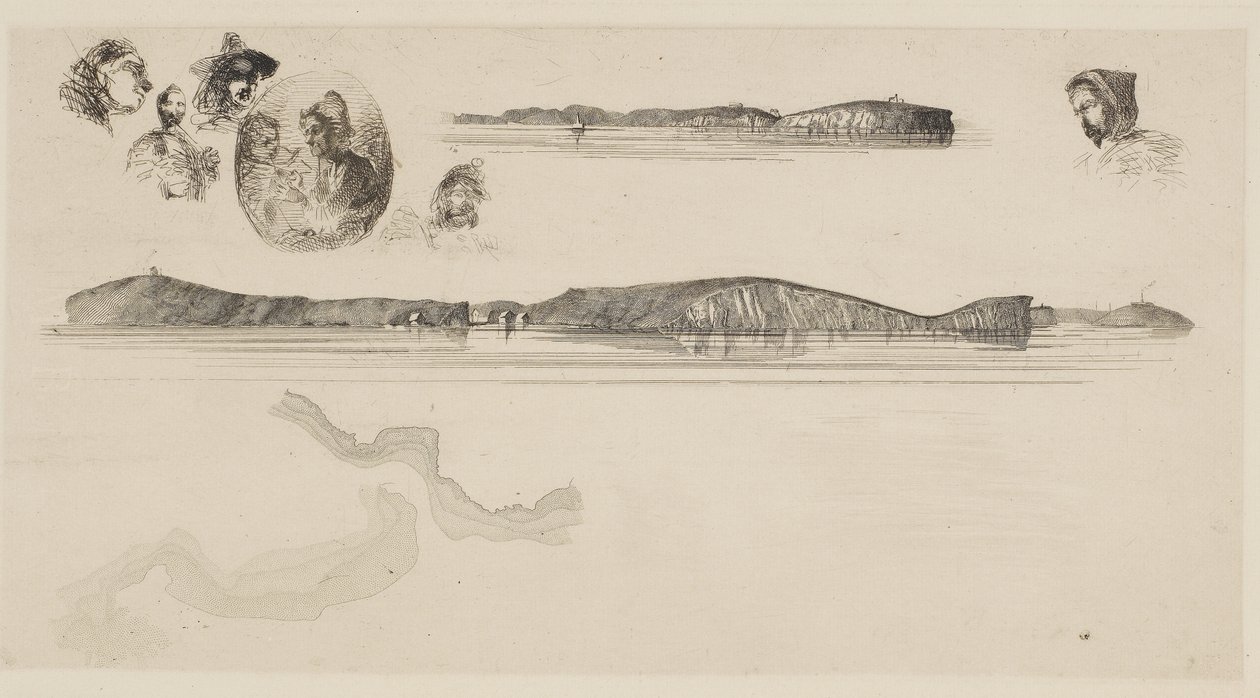 海岸测量板上的草图，1854-55（纸上蚀刻） 作者 詹姆斯·阿博特·麦克尼尔·惠斯勒