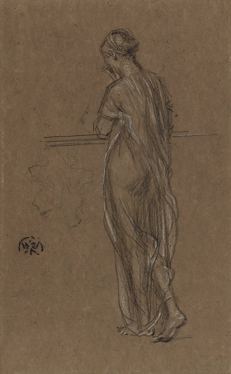 站立披着图，c.1868（棕色纸上的黑色和白色粉笔） 作者 詹姆斯·阿博特·麦克尼尔·惠斯勒