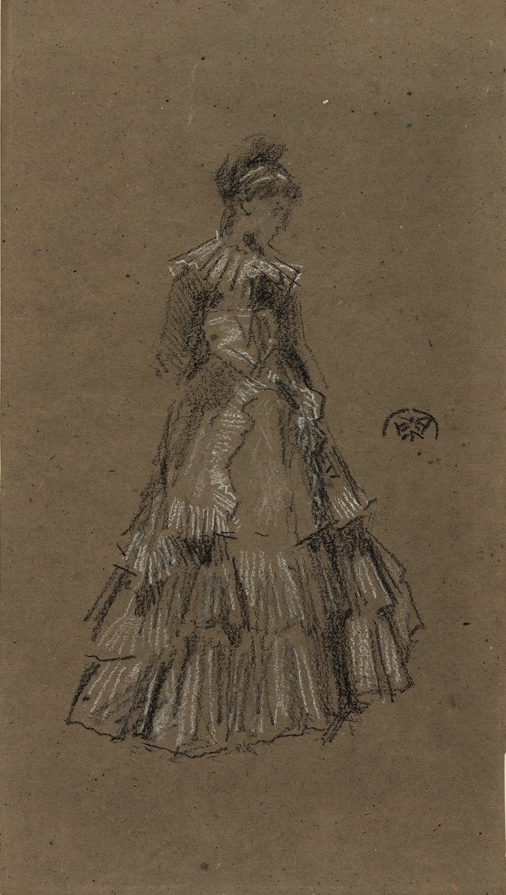 荷叶边连衣裙的常设女人，c.1873-75（棕色纸上的黑色和白色粉笔） 作者 詹姆斯·阿博特·麦克尼尔·惠斯勒