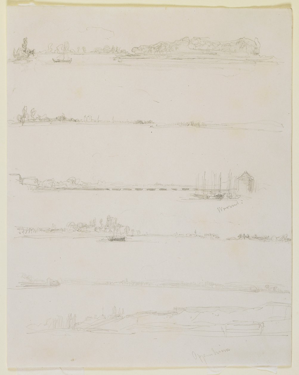 1858年沃尔姆斯和奥佩海姆附近的莱茵河（铅笔在米白色的纸上） 作者 詹姆斯·阿博特·麦克尼尔·惠斯勒