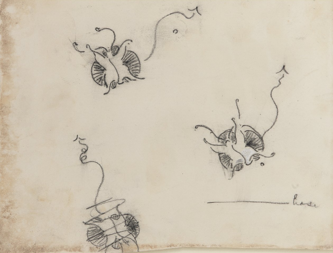 三只惠斯勒蝴蝶和被毁坏的草图，c.1890（平版转印纸上的蜡笔和中国白） 作者 詹姆斯·阿博特·麦克尼尔·惠斯勒