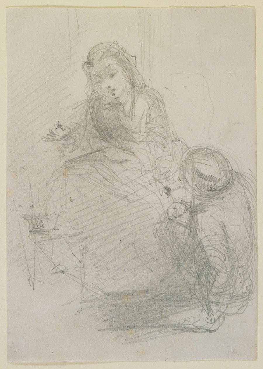 两个人物：一个坐着的女孩和一个男人在她左边的地上，c.1855-59（铅笔在白纸上） 作者 詹姆斯·阿博特·麦克尼尔·惠斯勒