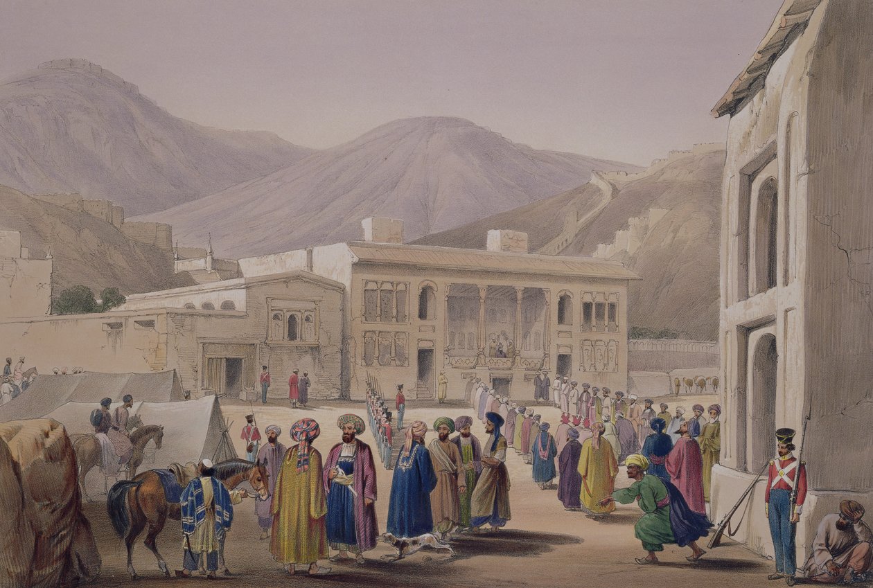 位于Caubul的Shah Shoojah-Ool-Moolk的Durbar-Khaneh，来自&39;Afghaunistan的草图&39;，由Charles Haghe（1810-88）和Louis Haghe（1806-85）雕刻，由Henry Graves出版，1842年 作者 詹姆斯·阿特金森